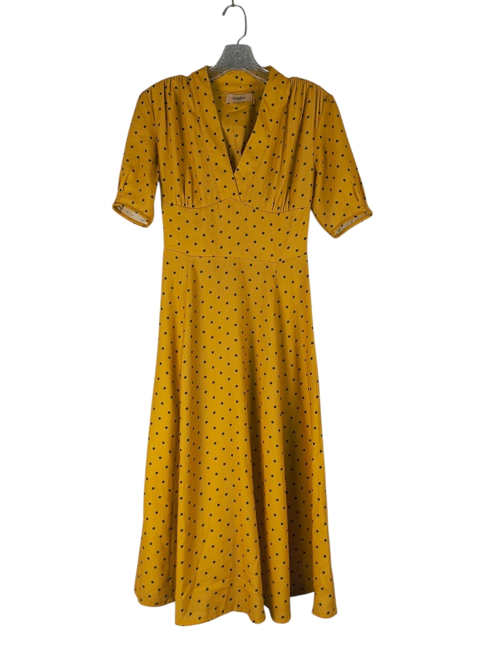 Timeless London Midi Dress Women's XS Yellow Polka Dot Vintage Inspired V Neck